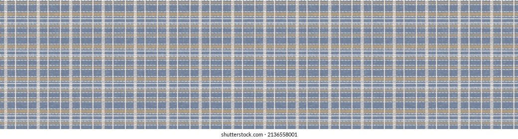 Farmhouse blue seamless check vector pattern border. Gingham baby color checker ribbon. Woven tweed all over print bordur. 