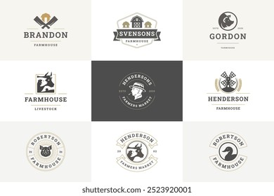 Farmhouse butchery livestock harvest farmer market retro logo design template set vector flat illustration. Farming and agriculture rustic village cattle fresh organic meat production logotype