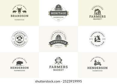 Farmhouse butchery organic meat production retro logo design template set vector flat illustration. Farm market agriculture industrial livestock tractor eco vegetables natural food logotype