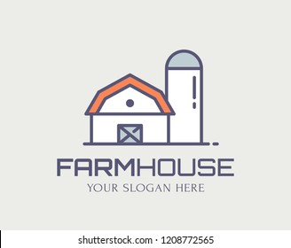 Farmhouse colored outline logo. Vector isolated line icon with barn and grain storage for natural farm products.