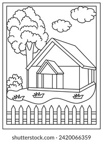 Farmhouse coloring page in hand drawn vector design 
