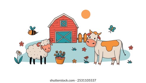 Farmhouse composition illustration, barn yard doodles of farm animals, cute cow and sheep drawing, poster, print, card, sticker, product packaging decor, banner, etc. EPS 10