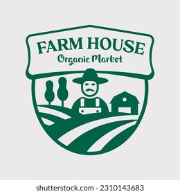 Farmhouse concept logo. Farm landscape template. Label for natural farm products. Vector illustration.