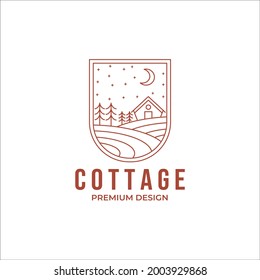 Farmhouse Cottage With Pine Tree At Night Time Line Art Logo Vector Design