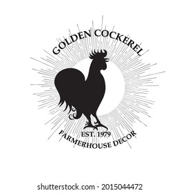 Farmhouse Decor Premade Logo Design. Golden Cockerel. Black and white colors. Isolated background. Hand-drawn Stamp silhouette. Farmhouse decor. Farmers market brand. Vector illustrations