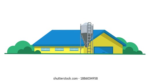 Farmhouse with feed silo. Cattle farm or pig farm, poultry farm. Flat color illustration. Vector graphics. Suitable for the design of articles on agriculture, banners and other promotional items