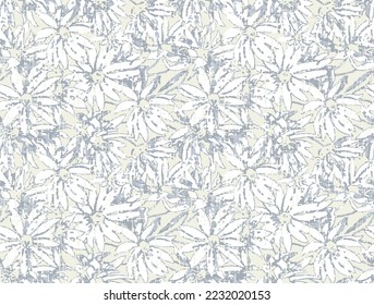 farmhouse flower motif blue background. Hand painted earthy whimsical seamless pattern. Modern floral linen textile for spring summer home decor. Decorative scandi style nature all over print