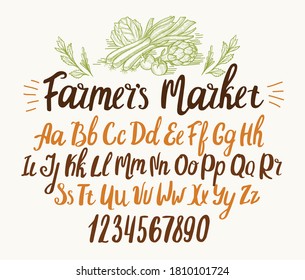 Farmhouse font. Typography alphabet with rustic illustrations. Handwritten script for house decoration and crafty design. Vector with hand-drawn lettering.