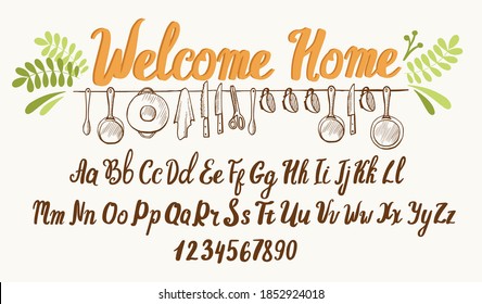 Farmhouse font. Typography alphabet with rustic illustrations. Handwritten script for house decoration and crafty design. Vector with hand-drawn lettering.