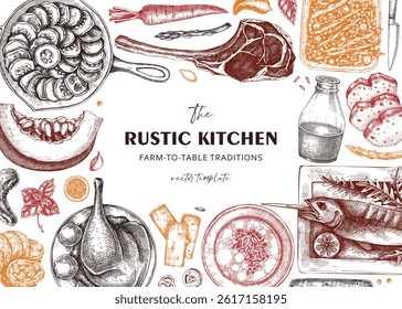 Farmhouse food background. Hand drawn vector illustrations. Rustic kitchen sketch. Restaurant menu design. NOT AI generated.