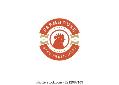 Farmhouse Fresh Meat Market Minimalist Golden Red Vintage Logo Design Template Circle Ribbon With Rooster Head Vector Illustration. Premium Butcher Shop Business Emblem Chicken Livestock Emblem