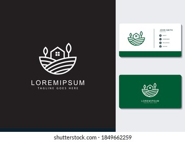 Farmhouse Garden Fields Logo Design Inspiration With Line Art Style and Business Cards