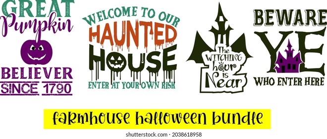 Bauernhaus Halloween Quotes Paket Vektor Designs. Set von Halloween sagt Vektorgrafik-Sammlung.Set von handgezeichneten Halloween-Phrasen. Silhouette, Party-Schrift, Kalligrafie. Halloween-Partyschilder und