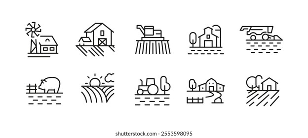 Farmhouse icons. Set of 10 farm-themed trendy minimal icons. Example: Farmhouse, Combine Harvester, Corn, Windmill icon. Design signs for web page, mobile app, packaging design. Vector illustration