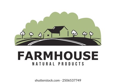 Farmhouse illustration with natural products theme. Vector graphic depicting a rural landscape with a farmhouse surrounded by trees. Ideal for agriculture, organic products, and branding design