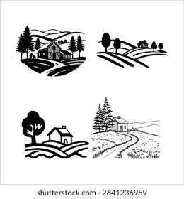 Farmhouse landscape vector illustration set rural scene with barn house trees and hills design graphics