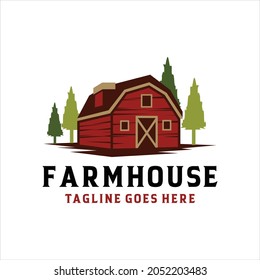 Farmhouse logo concept. Colored template with farm landscape. natural and organic products. Vector illustration.
