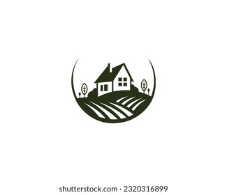 Farmhouse logo design with fields landscape and house logo symbol vector illustration.