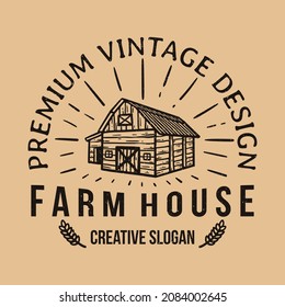 Farmhouse Logo Design In Vintage And Grunge Style On Light Brown Background