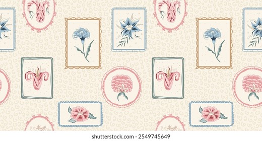 Farmhouse modern flower in retro vintage geometric frame endless background. Floral repeat cover with wildflower motif. Indian chintz seamless pattern. Vector hand drawn illustration.