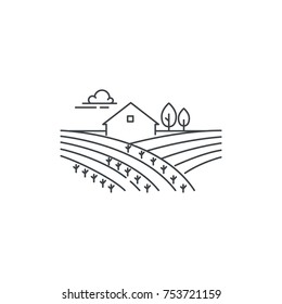 Farmhouse on the field line icon. Outline illustration of landscape, vector linear design isolated on white background. Farm logo template, element for agriculture business, line icon object.