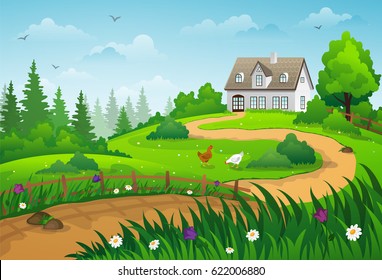 Farmhouse on green hill. Summer rural landscape.