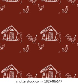 Farmhouse with poultry. Seamless pattern. Design for packaging natural products, textiles, fabrics, homemade food. Vector graphics.
