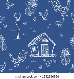 Casa de campo con aves. Patrón sin foco. Diseño para el envasado de productos naturales, textiles, telas, alimentos caseros. Gráficos vectoriales.