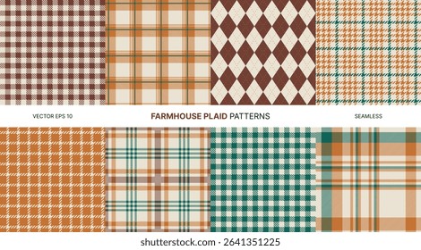 Farmhouse seamless vector patterns pack with brown green orange plaid gingham tartan argyle retro textured backgrounds for textile wrapping country decor autumn design vintage fashion templates