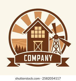 Farmhouse style company logo design with a windmill, for agricultural business, brown color tones