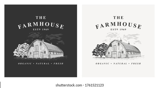 Farmhouse And Tree Rural Vintage Vector Logo Illustration