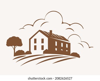 Farmhouse with trees, bushes retro emblem