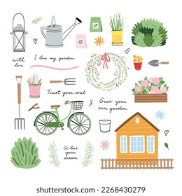 Farmhouse vector set. Cute gardening clipart. Garden illustrations. Spring hand drawn clipart