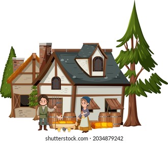 Farmhouse with villagers on white background illustration