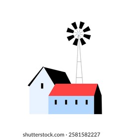 Farmhouse With Windmill In Flat Vector Illustration Symbolizing Rural Life, Agriculture, And Sustainable Energy, Isolated On White Background