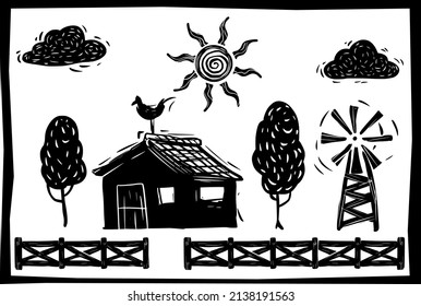 farmhouse. In woodcut style. Woodcut style in Cordel literature.