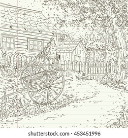 farmhouse in the woods, farmhouse scenery with cart