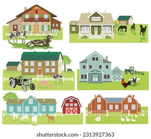 Farmhouses with cattle and tractors, illustration