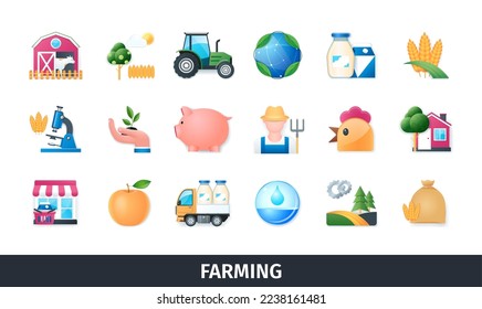 Farming 3d vector icon set. Plants, livestock, farming, ecology, tractor, irrigation, cultivation, shop, chicken, milk. Realistic objects in 3D style