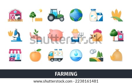 Farming 3d vector icon set. Plants, livestock, farming, ecology, tractor, irrigation, cultivation, shop, chicken, milk. Realistic objects in 3D style