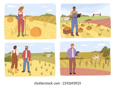 Farming and agricultural business, investors meeting farmers making deal. Harvest on field, management of export and sales. Vector in flat style, flat cartoon character