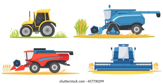Farming agricultural machines and farm vehicles set. Farming machine harvester, combine and tractor svg