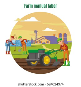 Farming and agricultural manual labor concept with farmers tree planting and field plowing vector illustration