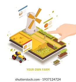 Landwirtschaftliche mobile Computerspiele mit Ernte von Nutzpflanzen zum Anbau von Hühner-Traktor Windmühle isometrische Vektorgrafik