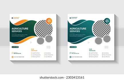 Farming and Agricultural services social media post or web banner template design. Agro farm services  social media banner design. Lawn mower gardening, green field, Farming service flyer.