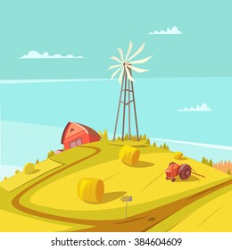  Farming and agriculture background with windmill tractor house and haystack vector illustration 