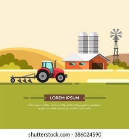 Cultivo y agricultura con molino de viento, tractor y granero. Agribusiness. Ilustración vectorial.