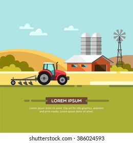 Farming and agriculture background with windmill, tractor and barn. Agribusiness. Vector illustration.