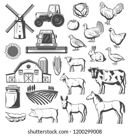 Farming, agriculture and cattle icons. Vector tractor, windmill or grain barn and arable field, farm animals cow and horse, pig and chicken, turkey, duck and goose, tomato and potato veggies