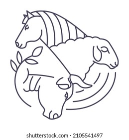Farming and agriculture, cattle or livestock animals of darm. Isolated horse equine mammal and sheep with wool, cow or bull. Isolated icon in minimalist line art. Vector in flat style illustration